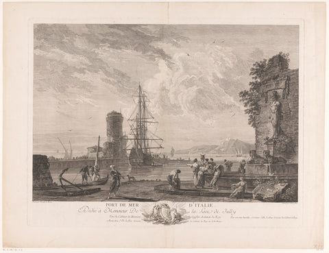 Harbour view with figures by a fountain, Jacques-Philippe Le Bas, 1750 - 1783 Canvas Print