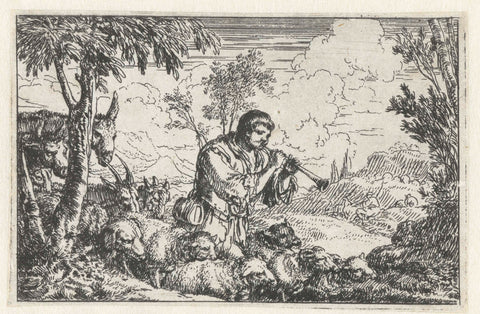 Schalmei playing shepherd with herd, Jonas Umbach, 1634 - 1693 Canvas Print