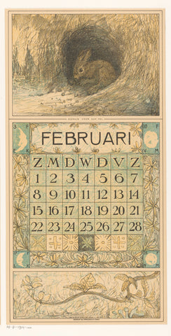 Calendar sheet February with rabbit, Theo van Hoytema, 1913 Canvas Print