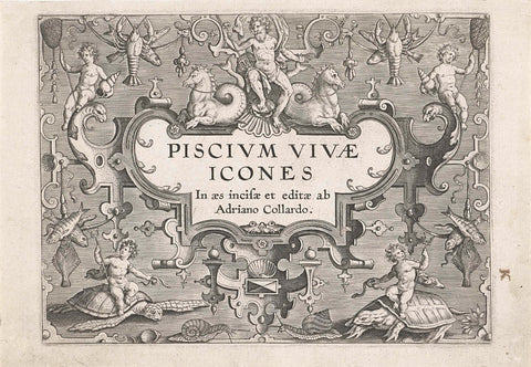 Title print with sea creatures as ornaments, Adriaen Collaert, after 1598 - 1618 Canvas Print