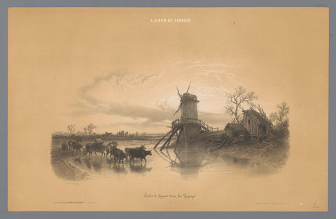 Mill with humans and animals wading through the water, Fortuné Férogio, 1844 - 1854 Canvas Print