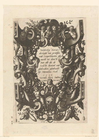 Titelblad: cartouche in omlijsting van rolwerk met kindertjes, vruchtenguirlandes en vier mannen, Johannes of Lucas van Doetechum, 1556 Canvas Print