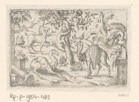 Two monkeys, two camels, a porcupine, a unicorn and a mythical animal, Stephan Herman, 1578 - 1596 Canvas Print