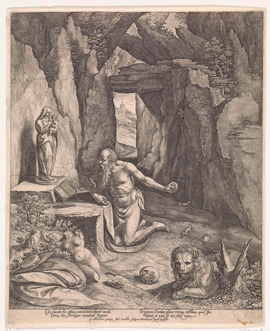 Heilige Hieronymus in de grot, Johann Sadeler (I), 1560 - 1600 Canvas Print