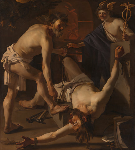 Prometheus Being Chained by Vulcan, Dirck van Baburen, 1623 Canvas Print