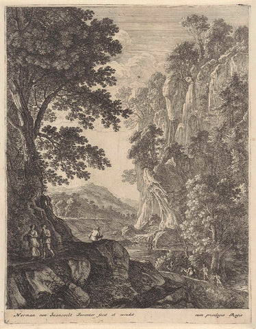 Mountain landscape with waterfall, Herman van Swaneelt, 1650 - 1655 Canvas Print