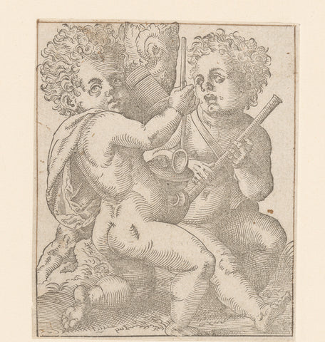 Twee putti spelen muziek, anonymous, Jost Amman, 1580 Canvas Print