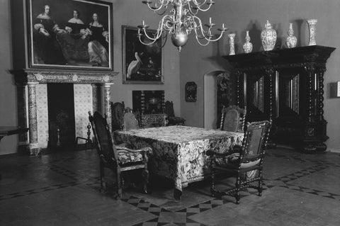 Room 260 with paintings and furniture including table, chairs and a cupboard, 1952 Canvas Print