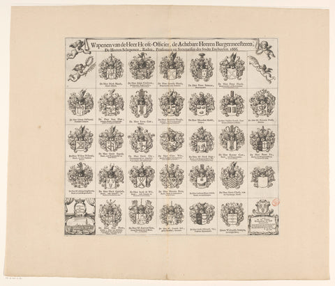 Coat of arms of the chief officer, mayors, aldermen, councils, pensionary and secretaries of Enkhuizen, 1666, anonymous, 1666 Canvas Print