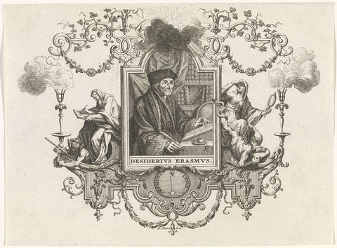 Portrait of Desiderius Erasmus in an allegorical frame, Bernard Picart, 1718 Canvas Print