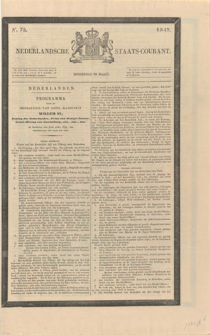 Nederlandsche Staats-Courant. Thursday 29 March. No. 75. 1849, Algemeene Landsdrukkerij, 1849 Canvas Print