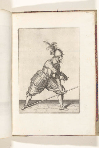 Soldier who places his skewer against his right foot with his left hand and draws his sword with his right hand (no. 25), ca. 1600, Jacob de Gheyn (II) (workshop or), 1608 Canvas Print