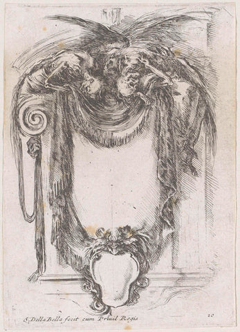 Cartouche with drapery held up by two winged skeletons, Stefano della Bella, 1647 Canvas Print