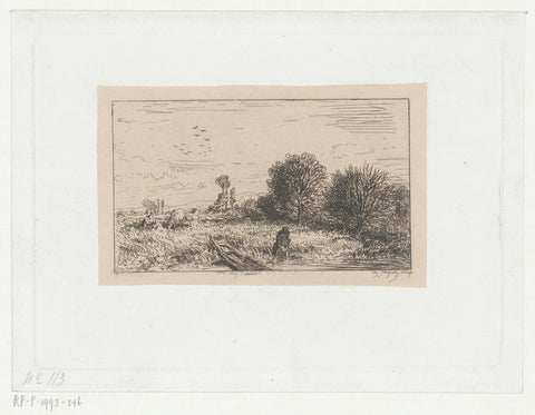 Landscape with a figure in the water by a rowing boat, Charles Emile Jacque, 1846 Canvas Print