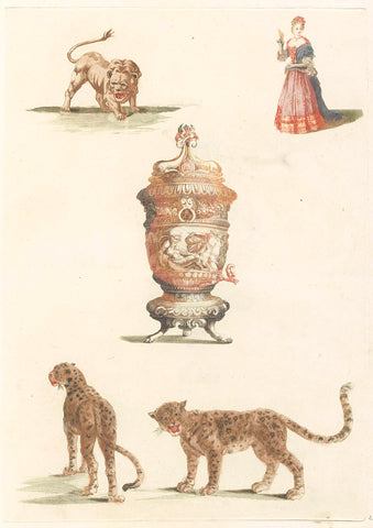 Lion, standing woman, fountain and two panthers or leopards, anonymous, 1688 - 1698 Canvas Print