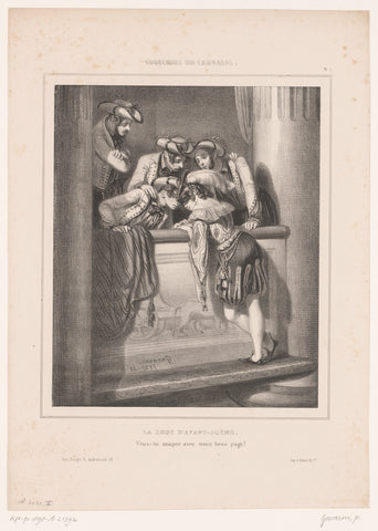 Four men in a lodge ask a girl out, Paul Gavarni, 1837 Canvas Print