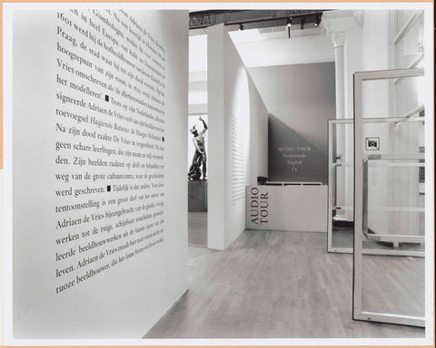 Room with two information panels about the exhibition and an audio tour desk in front, c. 1998 - c. 1999 Canvas Print