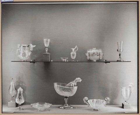 Display case with various objects of glass and/or crystal including an ornamental vessel, c. 1959 Canvas Print