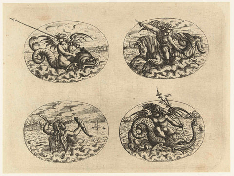 Four reclining oval cartouches with putti on sea creatures, Christoph Jamnitzer, 1573 - 1610 Canvas Print