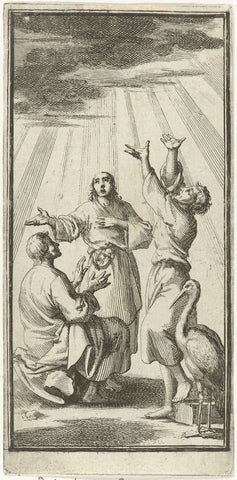 Three figures look up and are illuminated by a collection of skylight, Jan Luyken, 1689 Canvas Print