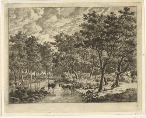 Landscape with three cows in a puddle, on the right a shepherd leans against a tree, Ernst Willem Jan Bagelaar, 1798 - 1837 Canvas Print