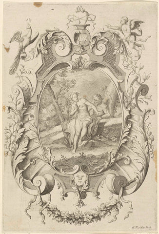 Sater approaches a nymph in ornamental frame, Gerrit Visscher, 1690 - 1710 Canvas Print