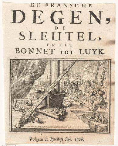 Title page for the pamphlet: De Fransche Degen, de Sleutel, en het Bonnet tot Luyk, 1701, Romeyn de Hooghe, 1701 Canvas Print