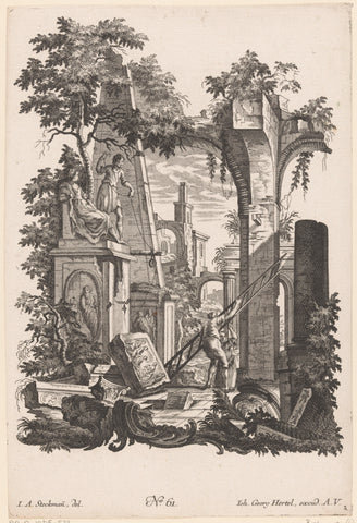 Figures with ladder in ruin landscape, anonymous, 1720 - 1775 Canvas Print