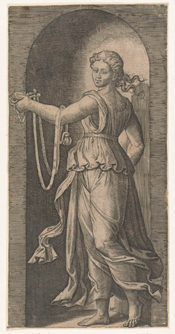 Vrouw als personificatie van Matigheid (Temperantia) met breidel staand in nis, Marcantonio Raimondi, 1510 - 1527 Canvas Print