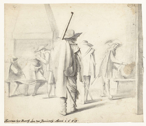 Six soldiers in an interior, Harmen ter Borch, 1653 Canvas Print