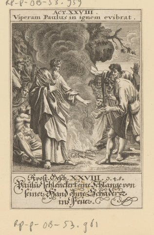 Apostle Paul shakes off a viper in fire, anonymous, 1697 Canvas Print