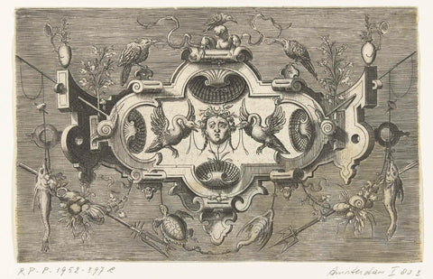 Cartouche with four shells and a mascaron flanked by two swans, Harmen Jansz Muller, 1564 Canvas Print