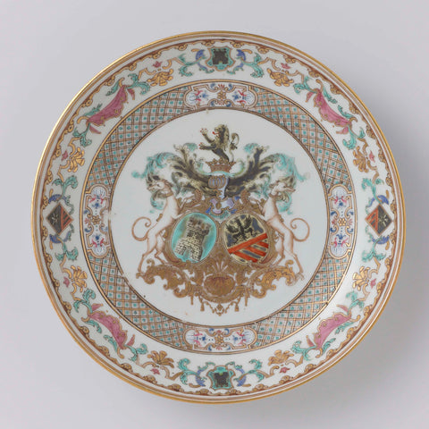 Soup plate with the coat of arms of the De La Bistrate and Proli families, diaper pattern and European ornamental border, anonymous, c. 1740 - c. 1760 Canvas Print