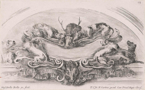 Cartouche with six hunting dogs, a deer and a wild boar, Stefano della Bella, 1646 Canvas Print