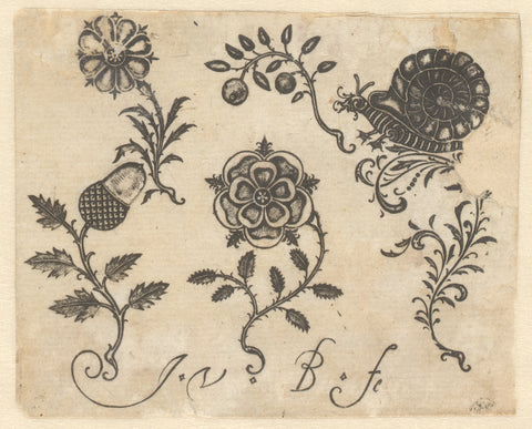 Florale black ornaments and a snail, Monogrammist JvB, 1619 Canvas Print