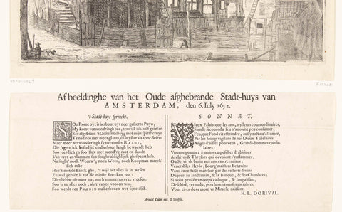 Text sheet with verses at the print of the ruin of the burnt-down Old Town Hall of Amsterdam, 1652, Arnold Colom, 1652 Canvas Print