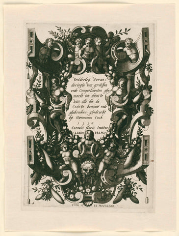 Cartouche in omlijsting van rolwerk met kindertjes, vruchtenguirlandes en vier mannen. Titelblad van serie vlakdecoraties., Johannes of Lucas van Doetechum, 1556 Canvas Print