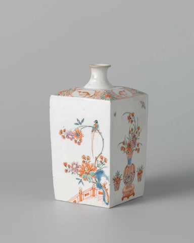 Square bottle with flowering plants, birds, flower vases and insects, anonymous, c. 1700 - c. 1724 Canvas Print