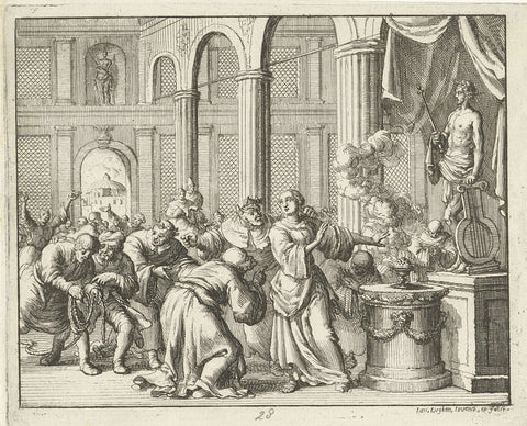 Cointha refuses to sacrifice the idols, Jan Luyken, 1685 Canvas Print