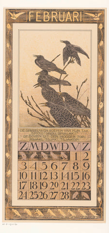 Calendar sheet February with starlings, Theo van Hoytema, 1906 Canvas Print