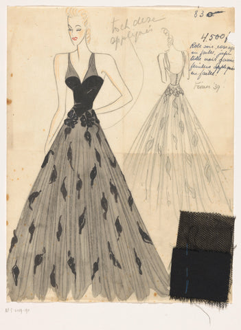 Evening dress, corsage in fault, black tulle skirt garnished leaves applied in fault., Jean Dessès (attributed to), 1939 Canvas Print