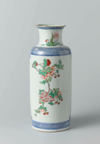 Cylindrical vase with peony and lotus in a cartouche on diaper pattern, anonymous, c. 1800 - c. 1899 Canvas Print