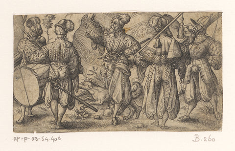 Five country servants with banners and musical instruments, Virgilius Solis, 1524 - 1562 Canvas Print