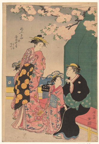 Courtesan with two attendants under cherryblossom, Torii Kiyonaga, 1868 - 1912 Canvas Print