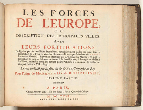 Title page the sixth part of the print: Nicolas de Fer, Les forces de l'Europe, 1696, Nicolas de Fer, 1696 Canvas Print