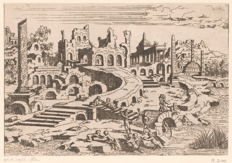 Landscape with ruins and putti, Léon Davent, 1540 - 1556 Canvas Print