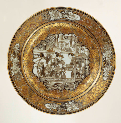 Dish with aman and three women in an interior in a shaped panel surrounded by scrolls, anonymous, c. 1725 - c. 1735 Canvas Print