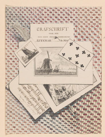 Trickster with prints, an epitaph, sheet of music, playing card and feather, anonymous, in or after 1780 Canvas Print