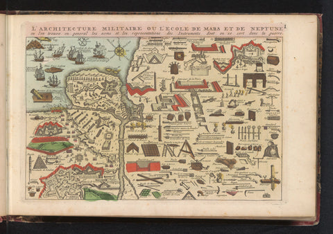 Fantasy map with military arsenal for warfare on land and at sea, 1735, anonymous, 1735 Canvas Print