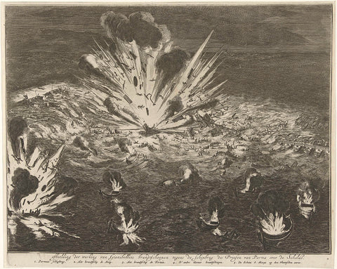 Blowing up the ship bridge in the Scheldt, 1585, Coenraet Decker, 1703 Canvas Print